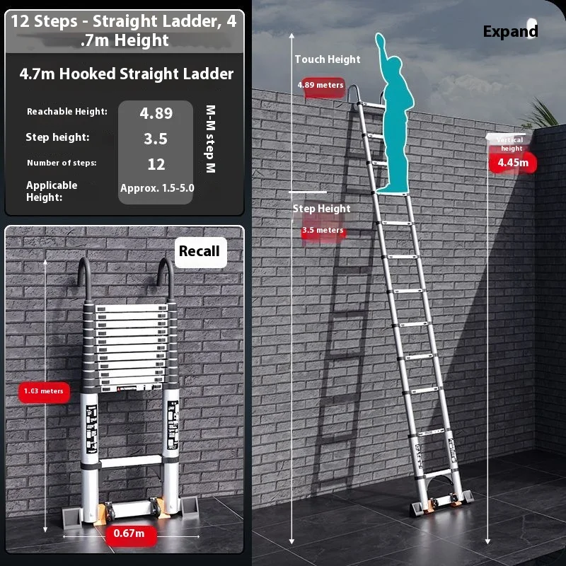 Telescopic straight ladder with hooks and wheels, thickened aluminum alloy, easy to store household ladder, engineering ladder - view 6