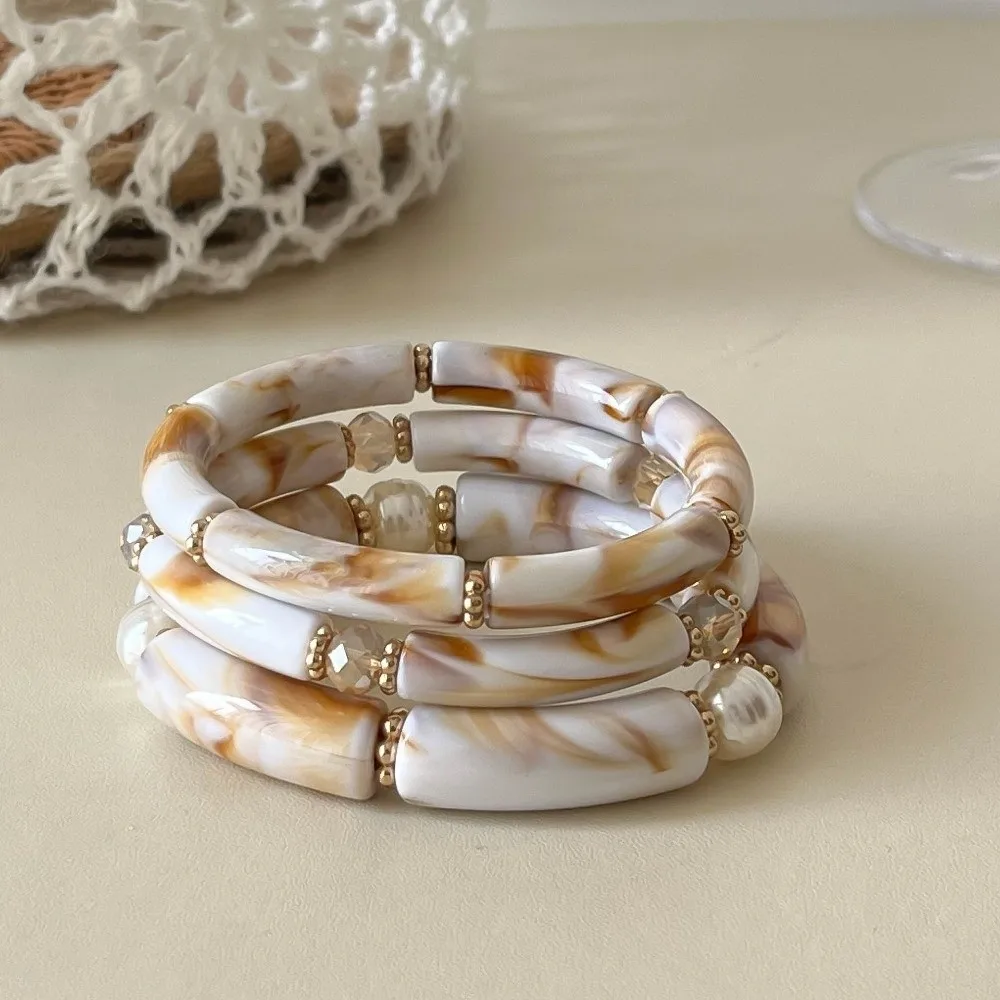 3Pcs/Set New Punk Beads Resin Bracelet Multicolour Marbling Bamboo Pipe Bangles Geometric Stackable Cuff Bracelet Set Jewelry