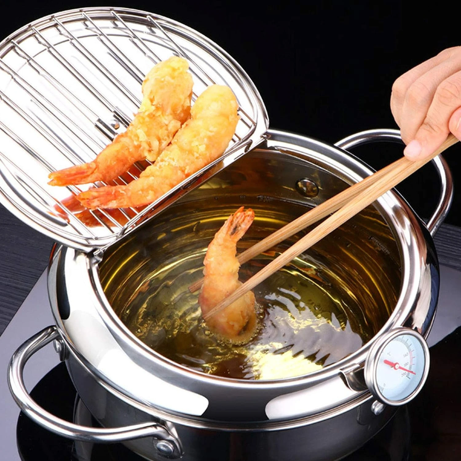 Enhanced Premium Quality Small Japanese Stainless Steel Tempura Frying Pot with Convenient Thermometer and Lid - Complete Deep F