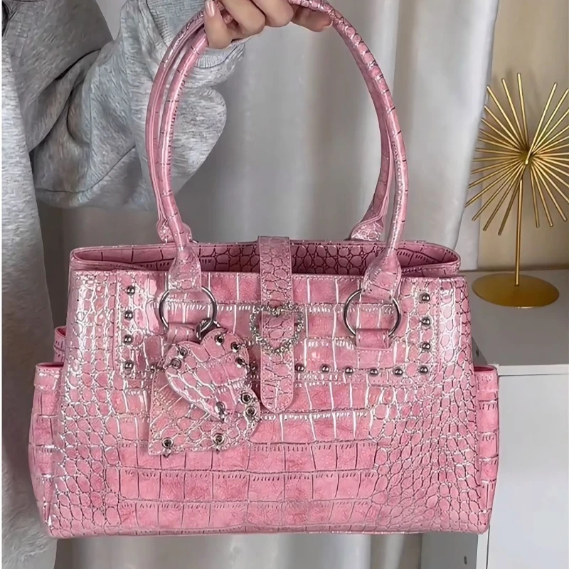 Pink Pu Fashion Crocodile-patterned Handbag Brand Women's Shoulder Bag Trendy Large Capacity Diamond-embellished Underarm Bag