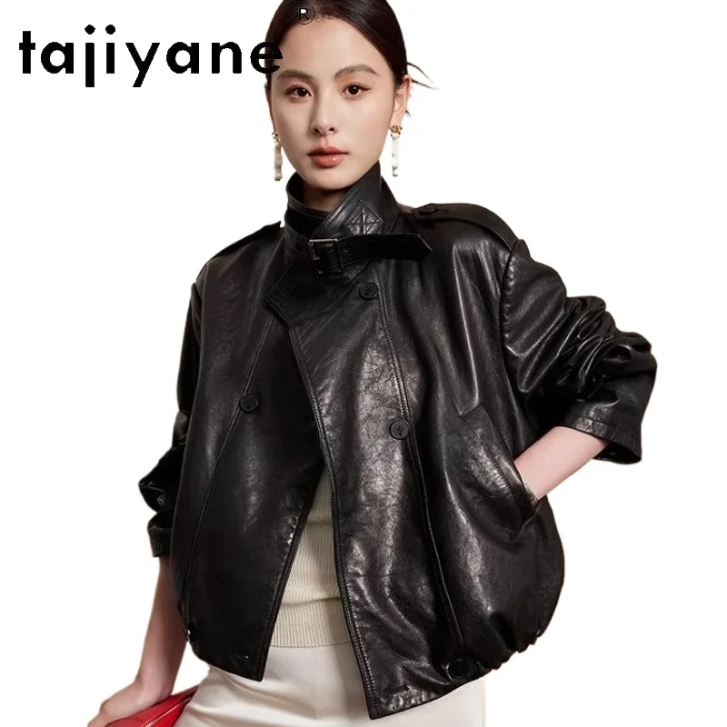 TAJIYANE 本物の山羊革レザージャケット女性スタイリッシュなダブルブレストコートショート本革ジャケット 2026 秋服 шуба