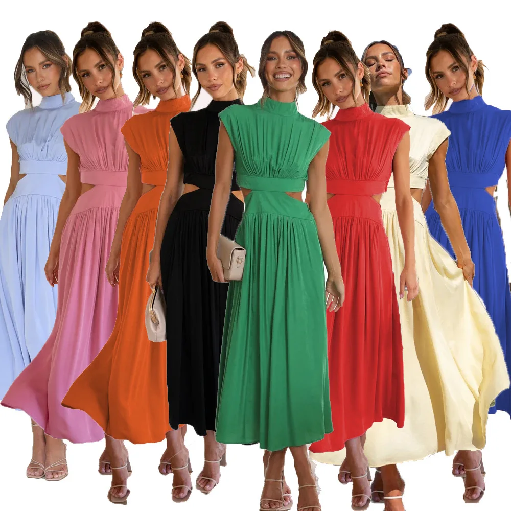 

Women Stand Collar Solid Color Dropped Waist Sweet Casual Spring Summer Mid-Calf Dress