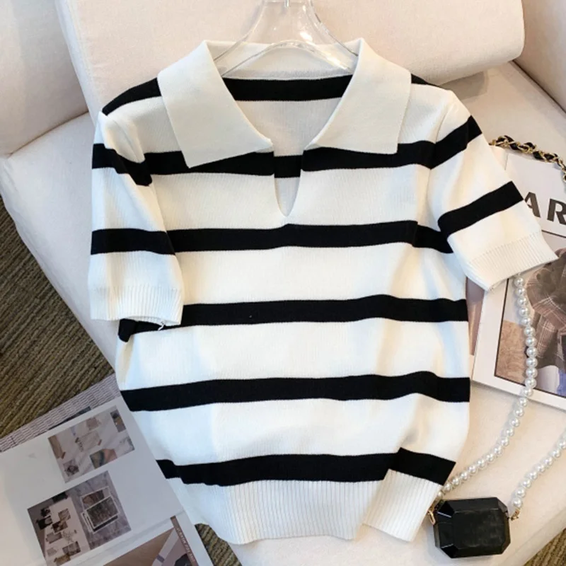Korean Style Tops Summer Casual Striped Turn-Down Collar T Shirt Women Short Sleeve Tshirts Pullover Knitted Tee Shirt Femme