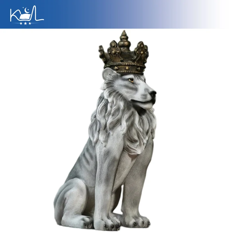Large Crown Lion Floor Statue, Nordic Modern Resin Sculpture for Living Room TV Cabinet Bar Decor, Minimalist Art Figurine Home