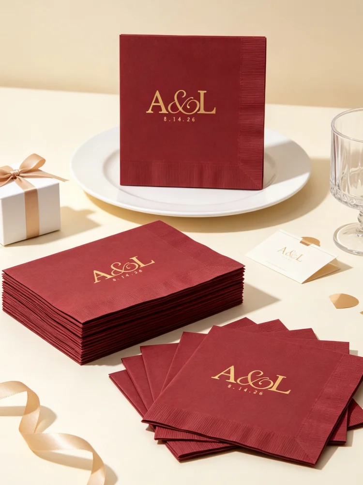 Burgundy and Gold Monogram Custom Wedding Napkins, Fall Wedding Personalized Decor, Cocktail or Luncheon Napkins for Buffet Bar