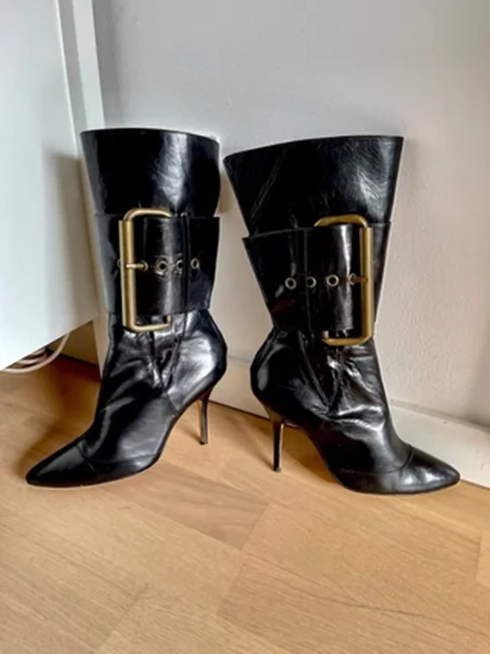 

Retro Black Faux Leather Stiletto Heel Mid-Calf Boots Oversized Gold Buckle New Custom Thin Heels Lady Boots for Fashion Looks