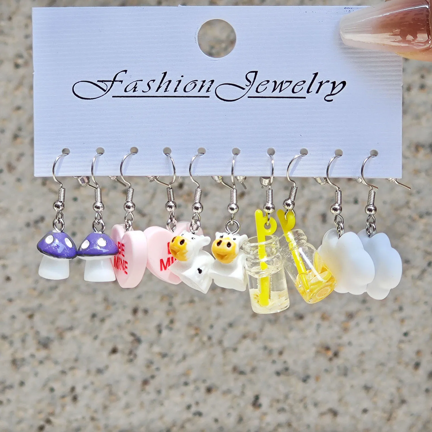 Sweet and Cute White Cow Earrings 5 Pair Set Mushroom Cloud Snack Milk Tea C-shaped Earrings