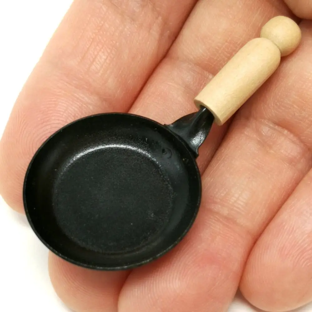 1:12 Miniature Mini Wooden Handle Pan Circular Pot for Kids Children Dollhouse Kitchen Utensils Cooking Ware Pretend Play House