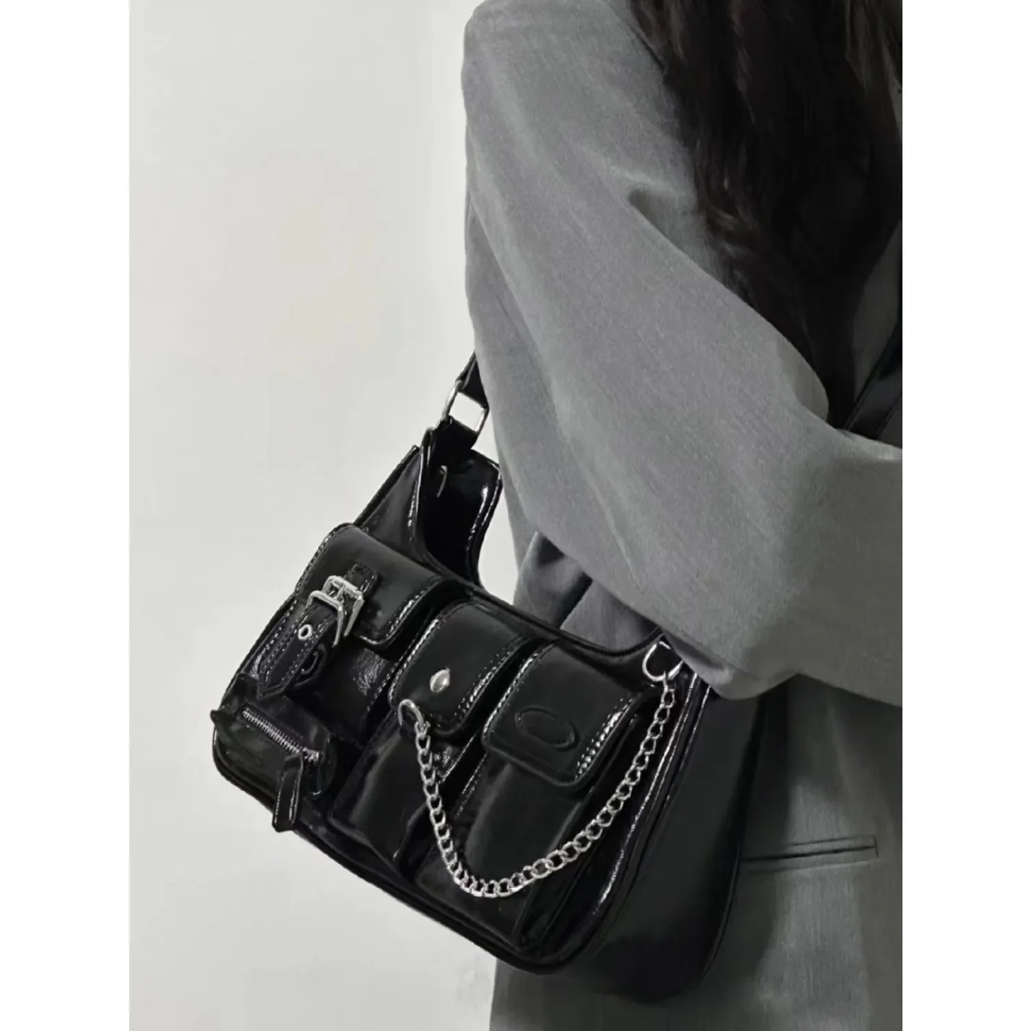 Y2k Moto Biker Handbags for Women NEW Gothic Fashion High Street Shoulder Bag Black Patent Leather Casual Coin Purse