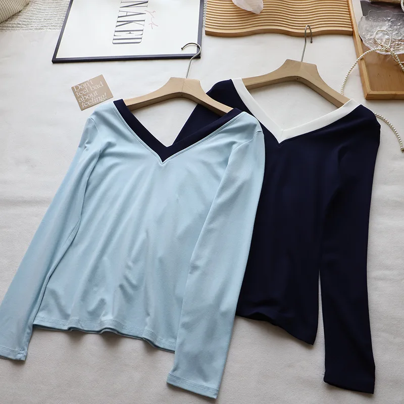 

Autumn Women's Color Block T-shirt V-neck Spliced Long Sleeved Elastic Tees Korean Casual Fashion Simple Base Pullover Top