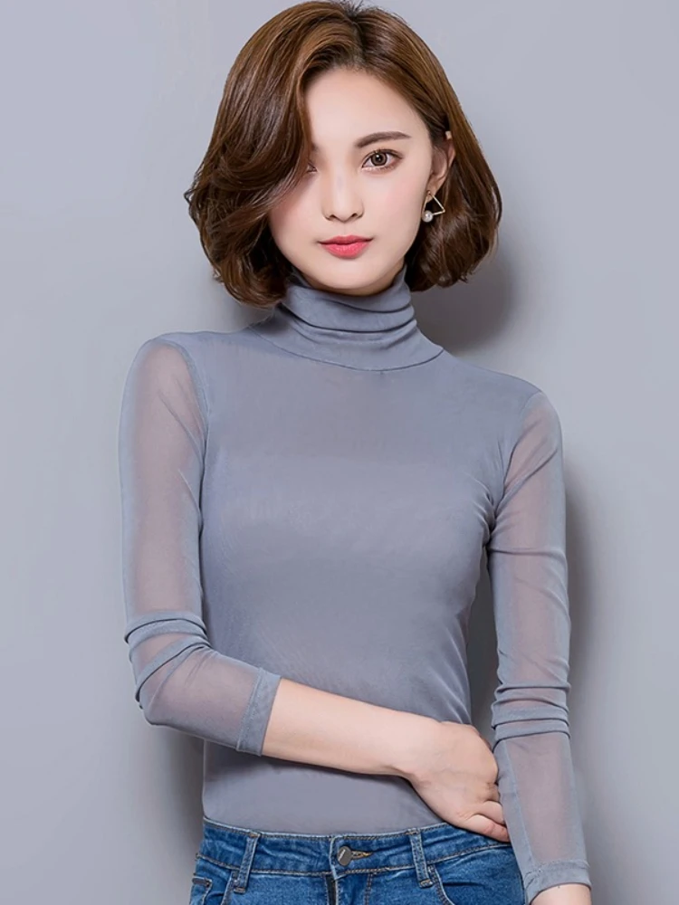 Zjaiss 2026 Spring Summer New Women's High Neck T-Shirt Chic Mesh Long Sleeve Slim Fit Solid Color Sheer Base Top