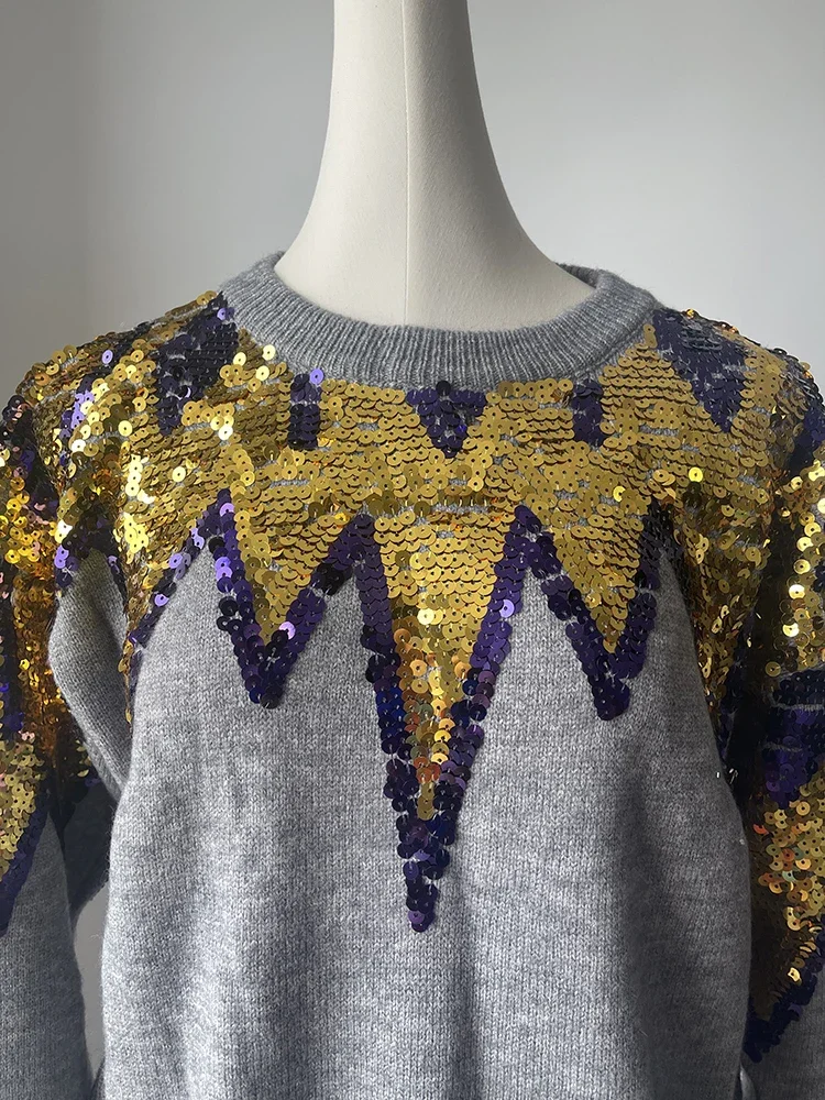 Grey Sequin Neck Geometric Graphic Sweater Jumper Sequins Colorful Jacquard Knit Pullovers Knitwear Autumn/Winter Women Outwear