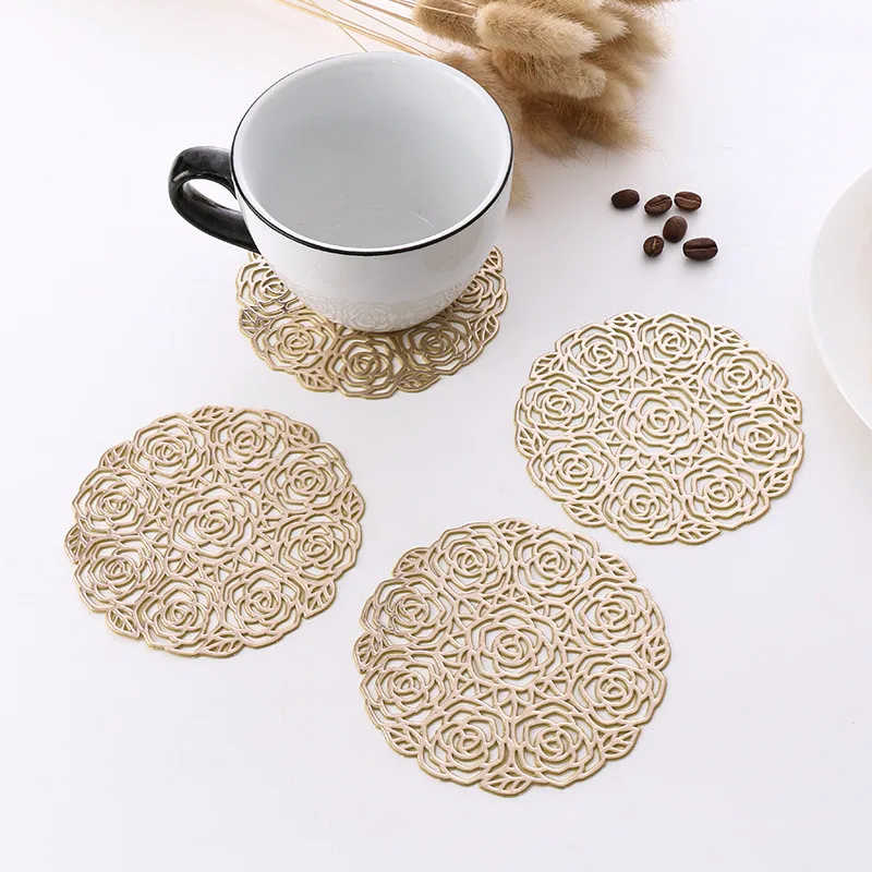 

1Pc 10/38cm Round Rose Flower Hollow PVC Placemat Table Mat Heat Insulation Pad Cup Coaster Wedding Party Accessories