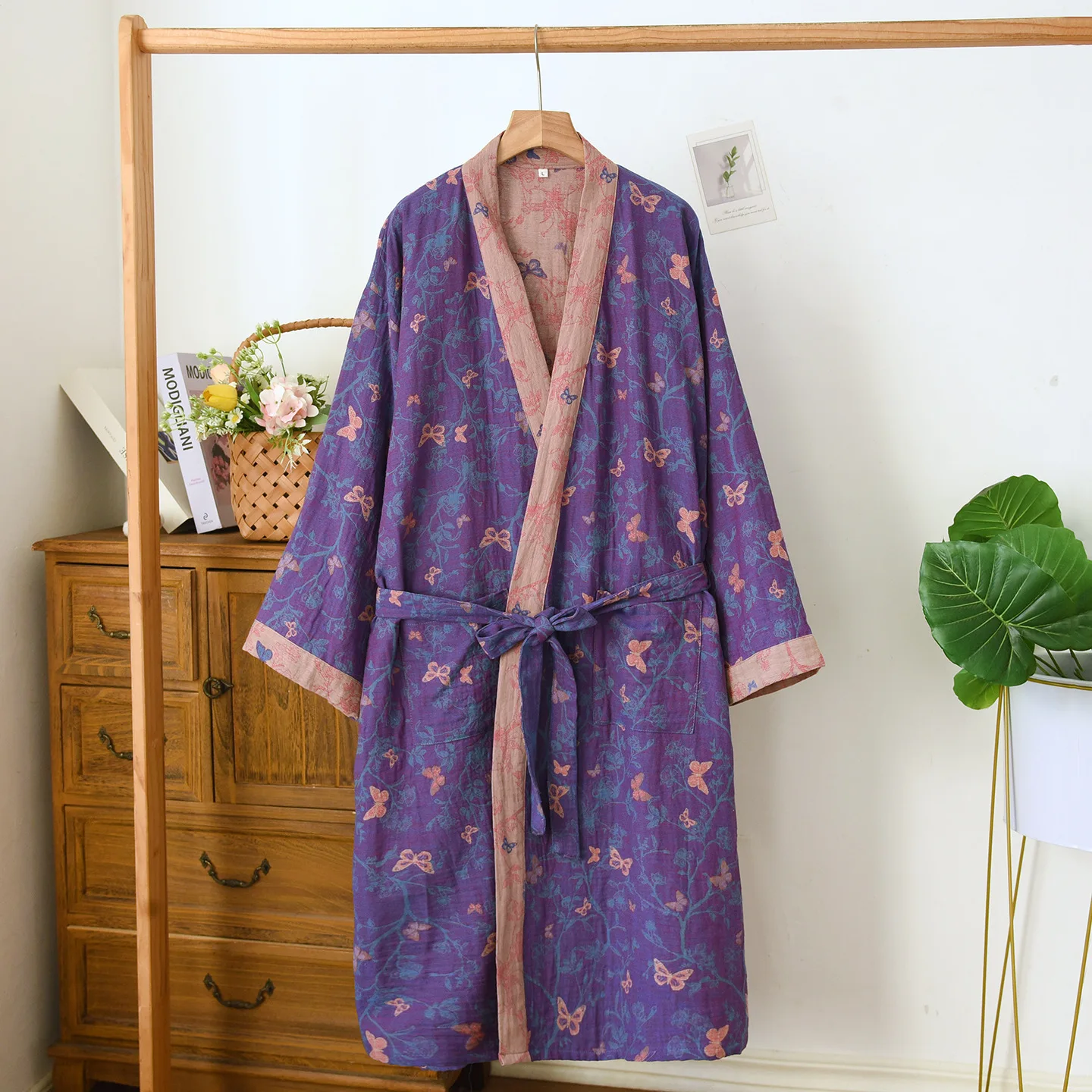 

Cotton Yarn Dyed Kimono Robes with Belt for Women's Spring and Autumn Thin Vintage Jacquard Sleepwear Yukata Home Robes