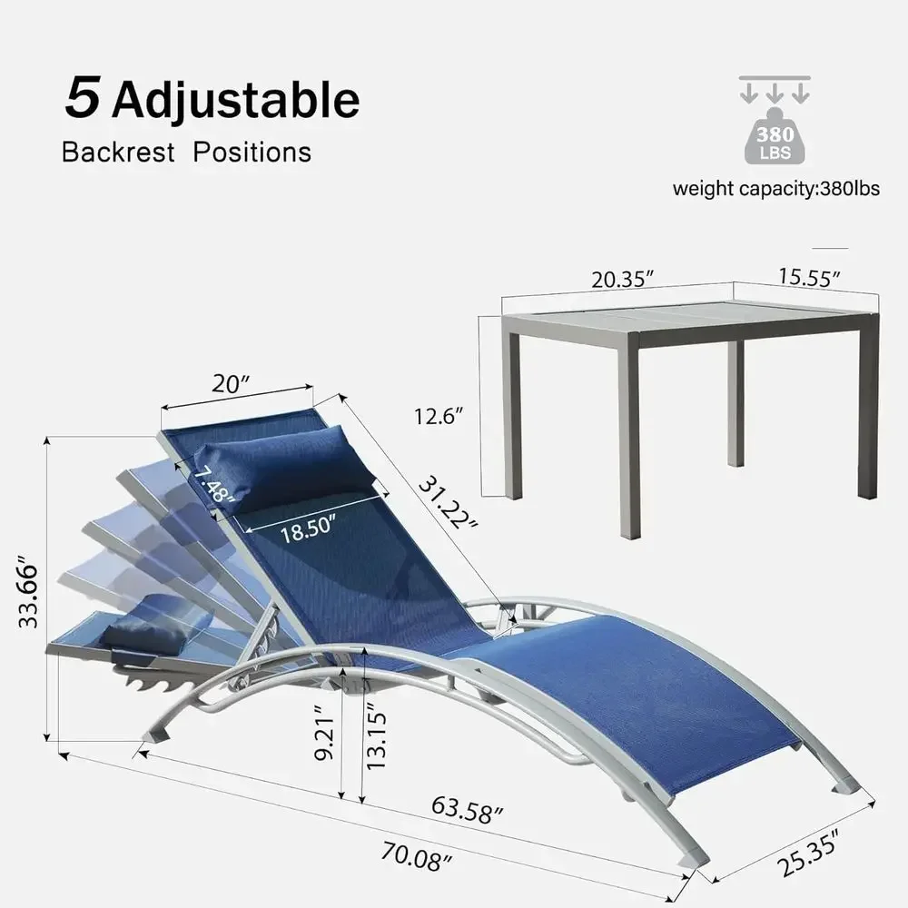 Set of 3 Outdoor Reclining Chairs with Adjustable Backrests and Removable Pillows, Ideal for Patio, Beach, Pool, and Lawn in Blu