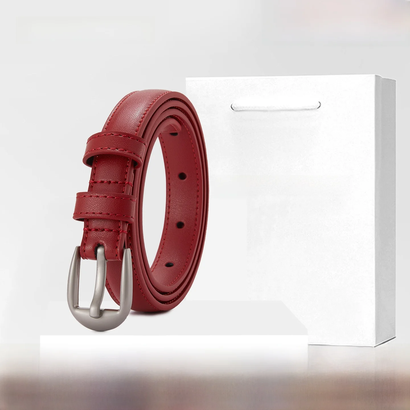 本革ベルト女性用レッド牛革スリムウエストベルト新年ギフト-canles-konis-レディースファッションアクセサリー