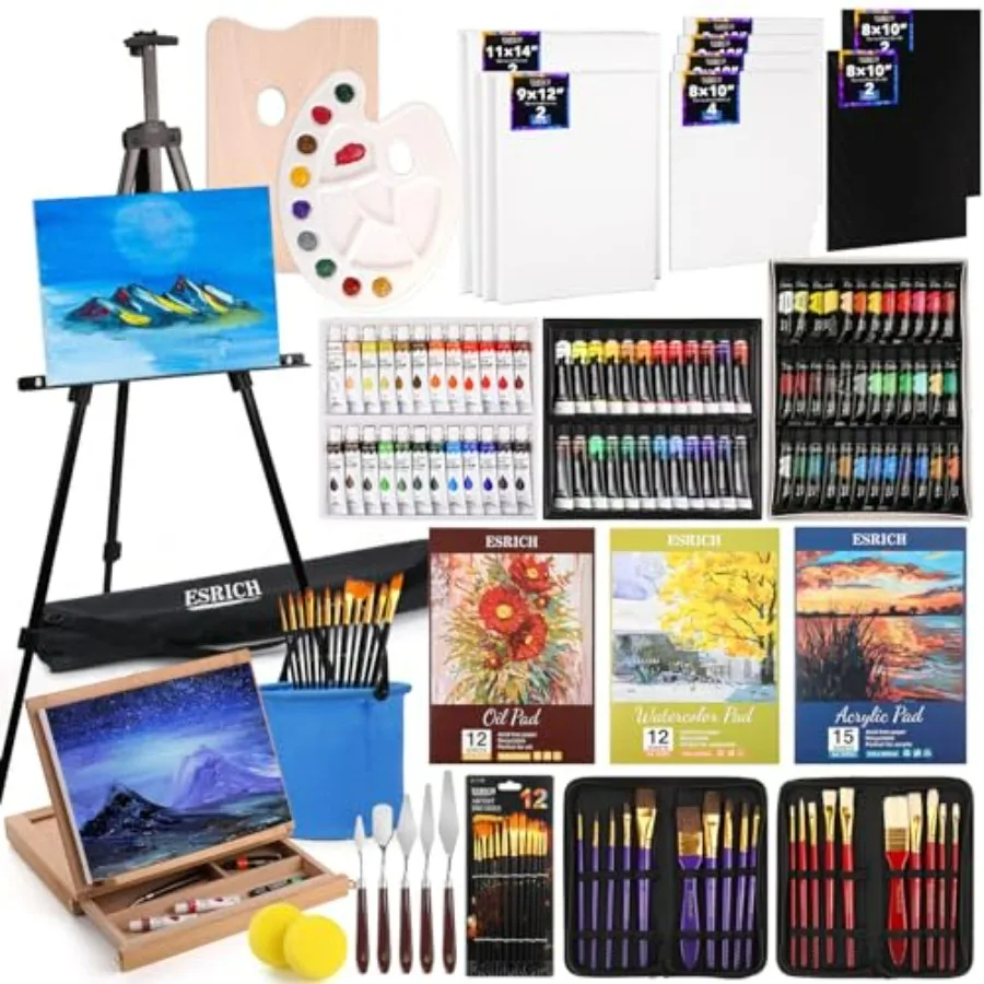 

141PCS Deluxe Artist Painting Set with 84 Paints Oil Watercolor Acrylic Metal and Wooden Easels Canvas Paper Pads Paintbrushes