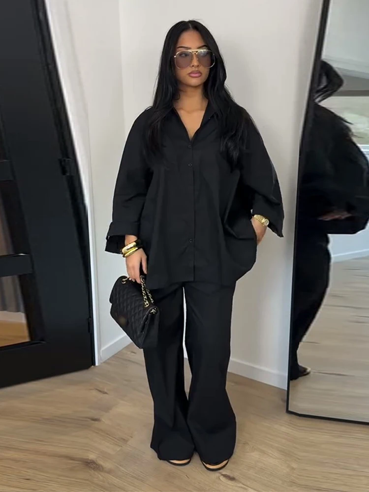 Elegante Damen-Hosenanzüge mit Revers: Oversized Hemd, Langarm-Bluse mit Knopfleiste, Weite Hose, Schickes Einfarbiges Outfit – Detail 14