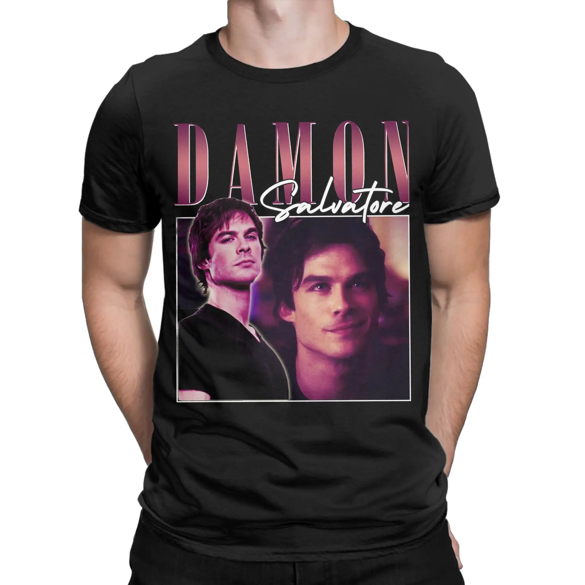 Damon Salvatore The Vampire Diaries T-Shirts for Men  Fashion Pure Cotton Tees Crew Neck Short Sleeve T Shirts Plus Size Clothes