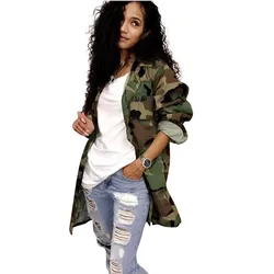 Women's Green Camouflage Long Jackets Plus Size Long Sleeve Camo Streetwear Coat Femme