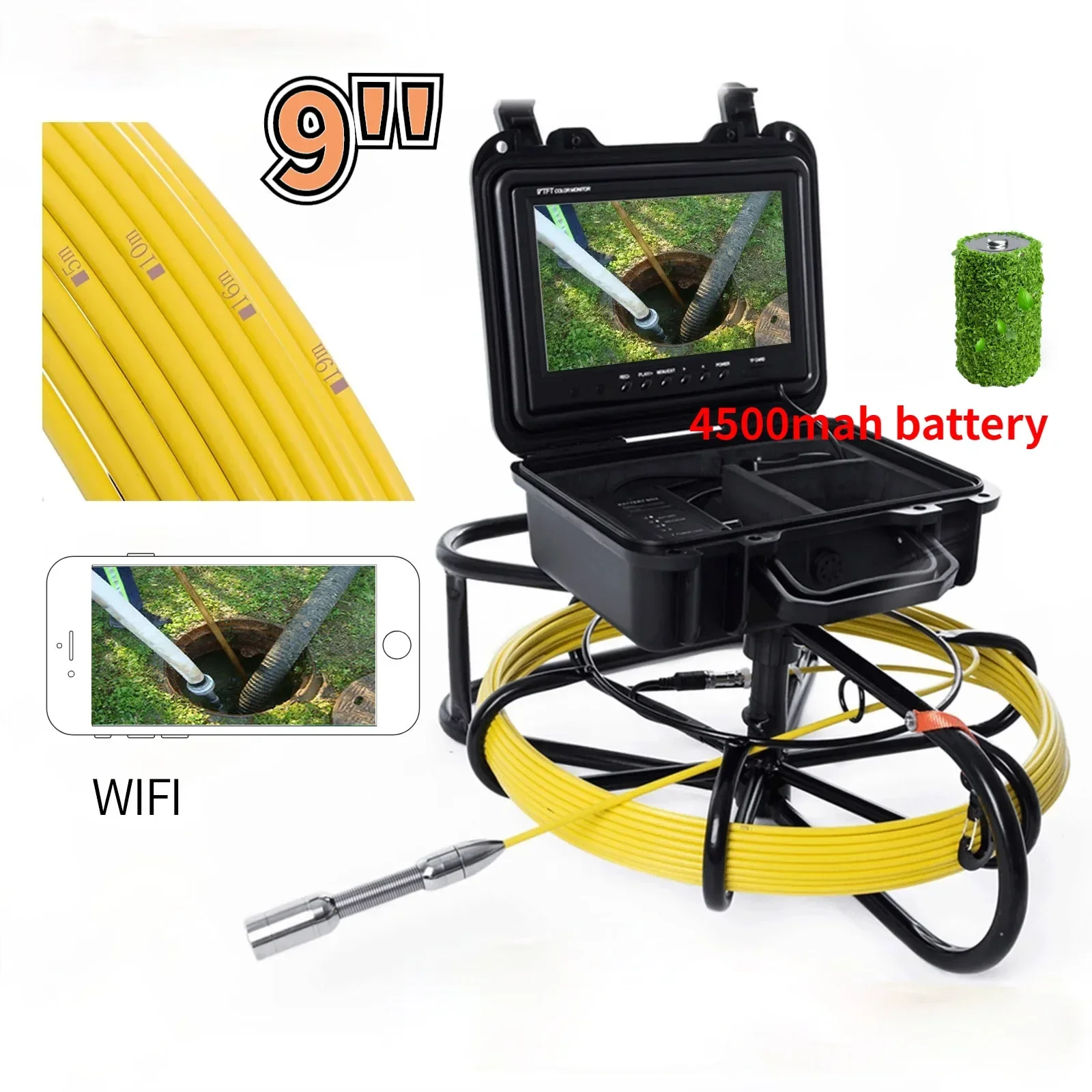 WP9600A ท่อ Endoscope กล้อง 9 "LCD ท่อระบายน้ําท่อตรวจสอบท่อกล้อง 23 มม.ปรับ 12 LED Night Vision 20/30/50M