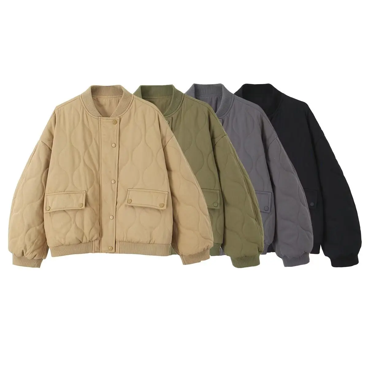 

Women's Oversized Quilted Bomber Jacket Thick Warm Cotton Jacket Long Sleeve Snap Buttoned Womens Jacket Chic Top