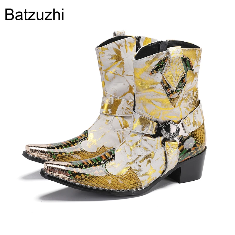 

Batzuzhi 6.5cm Heels High Fahion Gold Leather Ankle Boots Men Pointed Iron Toe Western Cowboy/Party Boots Man! Big Sizes 38-46