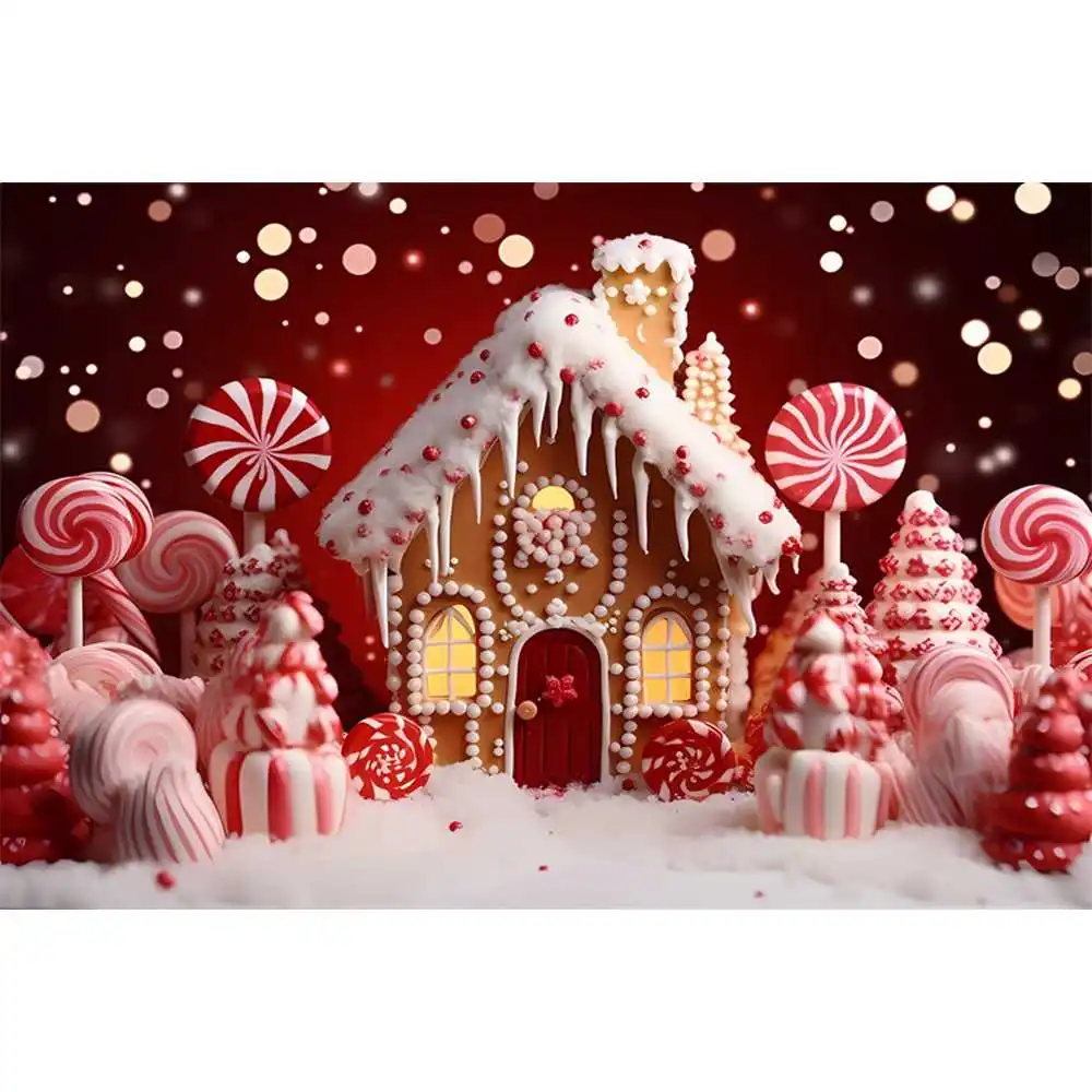 Christmas Gingerbread House Photography Backdrop Red Wall Snowflake Umbrella Candy Background Happy New Year Winter Kids Newborn