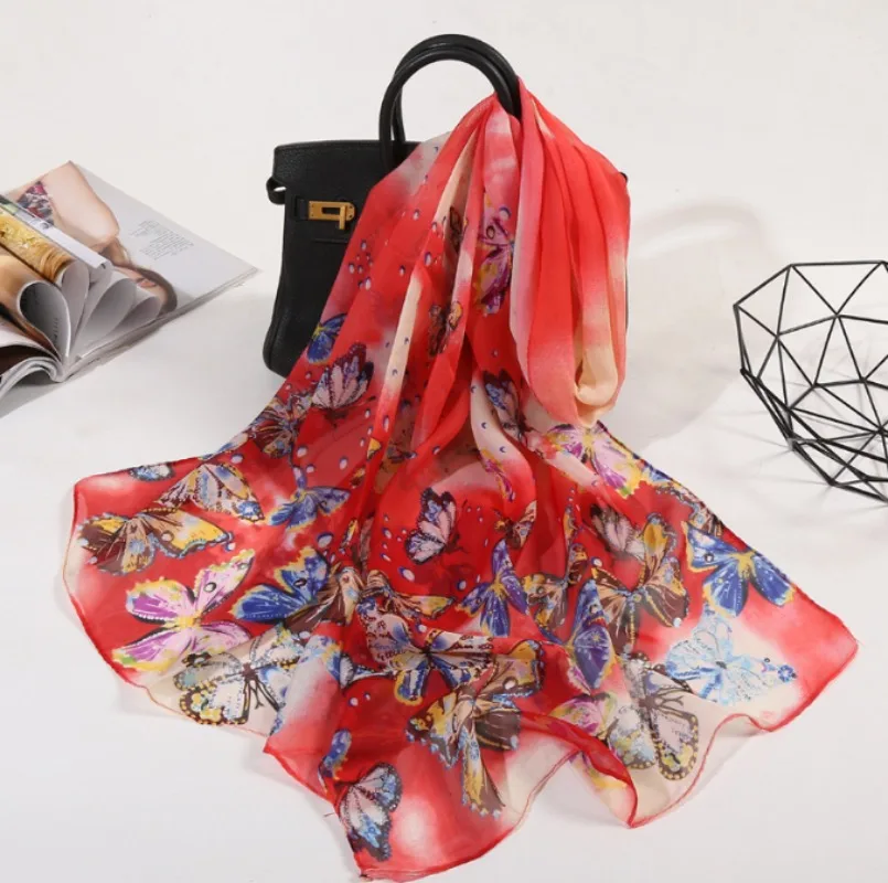 Ultra-thin Soft Chiffon Sun Protection Beach Towel Butterfly Printed Long Women's Shawl Scarf