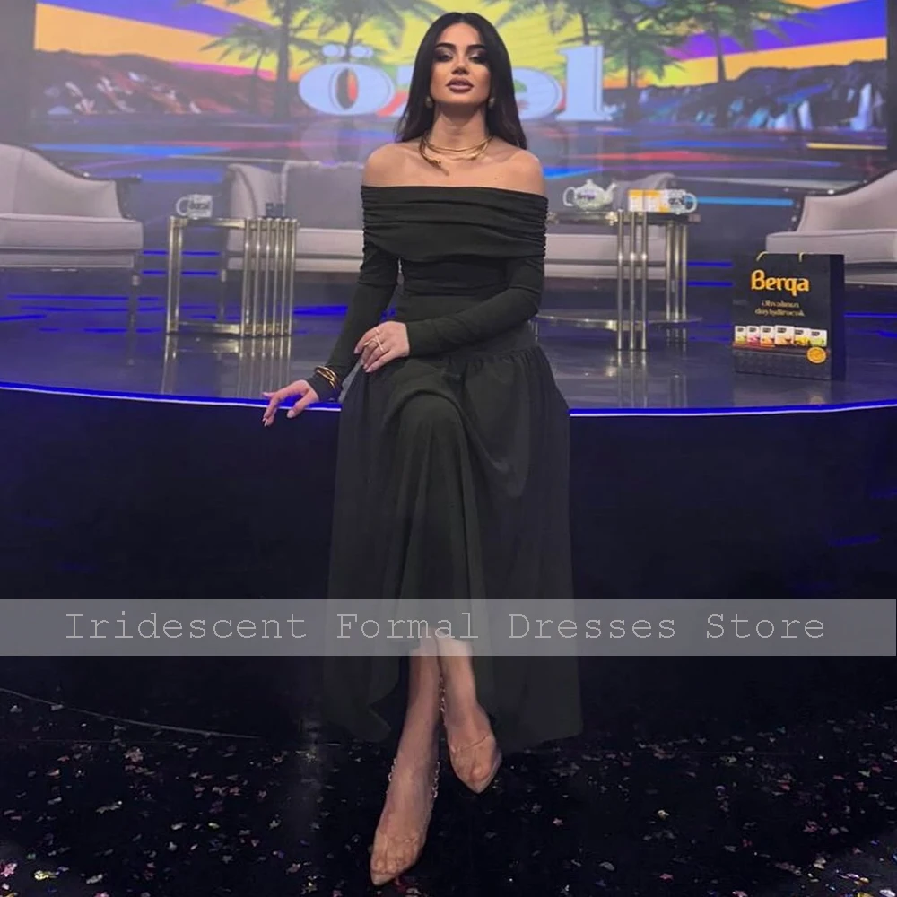 Prom Dress Army Green Off the Shoulder Long Sleeves Simple Evening Gowns for Women A Line Ankle Length Simple Party Dresses Maxi