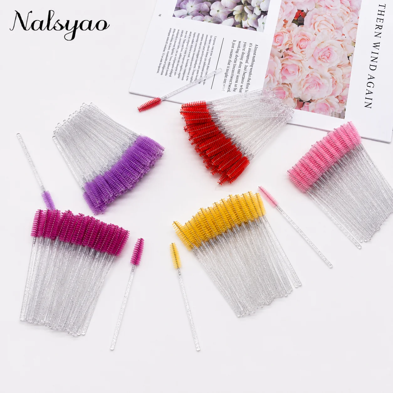 50pcs Disposable Eyelash Brushes Crystal Mascara Wands Glitter Lash Comb Spoolies Micro Makeup Applicators