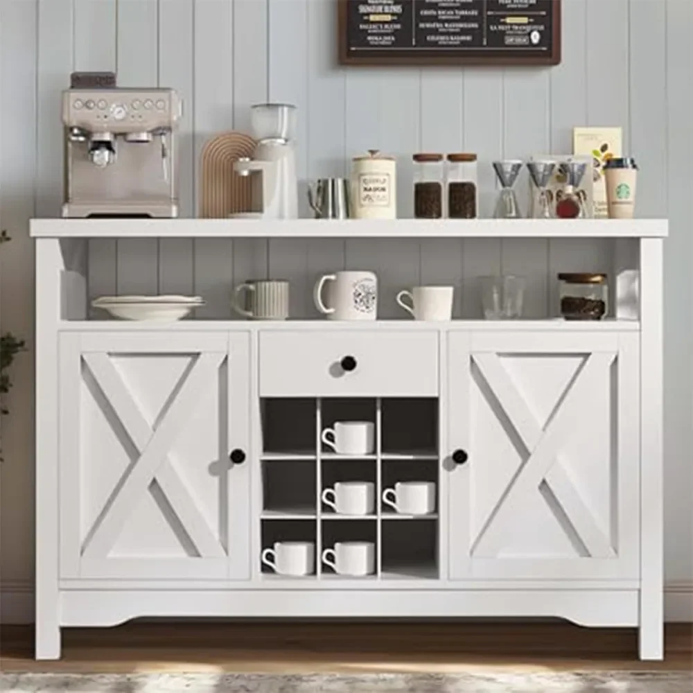 Coffee Bar Cabinet with Storage, 47” White Coffee Bar Station Cabinet, Farmhouse Coffee Bar Buffet Cabinet with Drawer