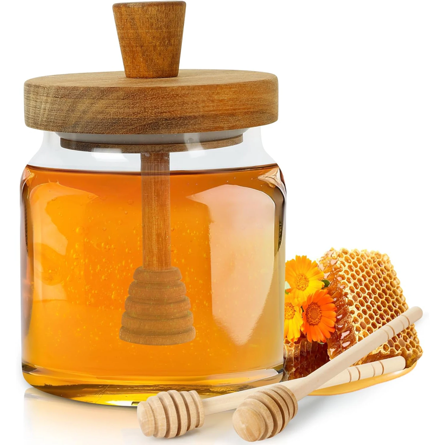 High Borosilicate Glass Honey Divided Bottle With Wooden Stirring Stick Glass Honey Divided Jar Premium Honey Jar Kitchen Items