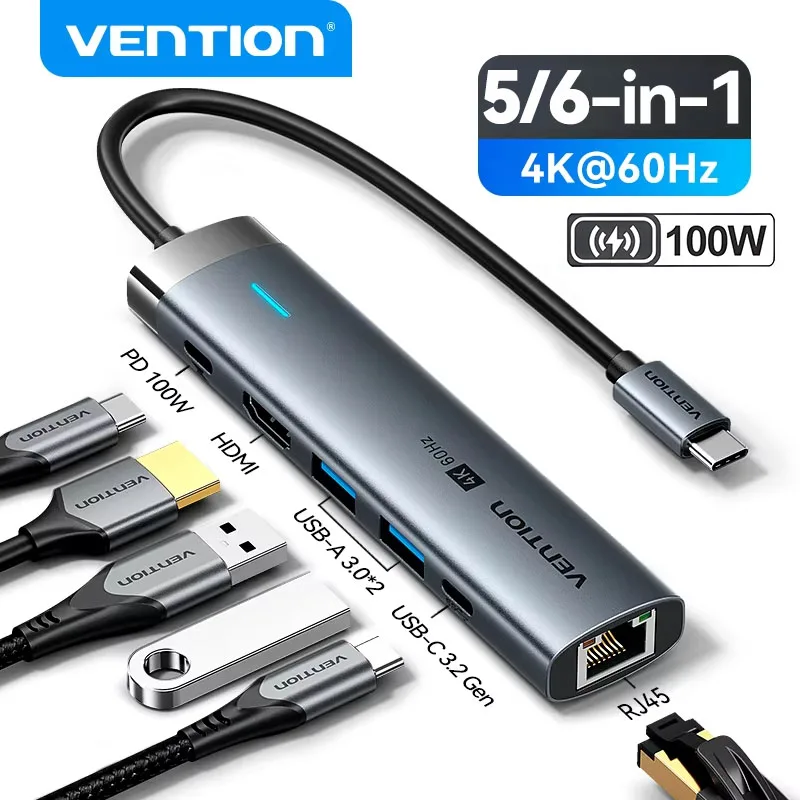 

Vention Новый 6 в 1 USB 3.0 Type C 100 Вт концентратор 4K 60 Гц к HDMI RJ45 разветвитель адаптер док-станция для MacBook iPad Samsung Xiao ПК ноутбук