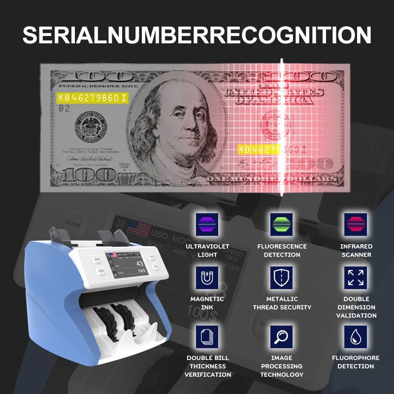 Portable Multi-Denomination Multi-Currency Bill Counter Touchscreen Banknote Counter Automatic Count for Multi-Country Use