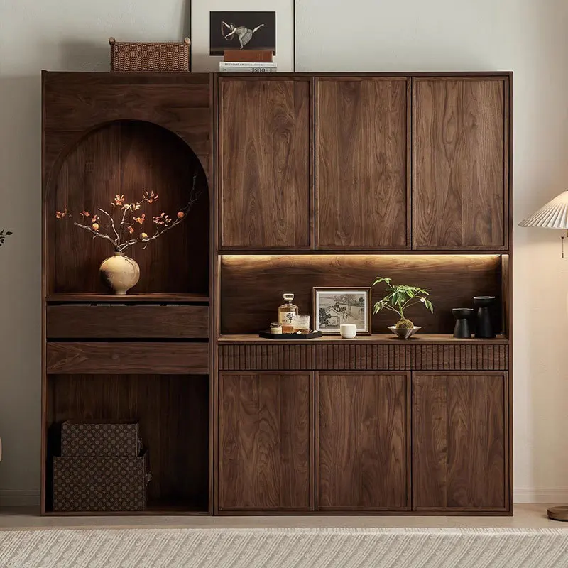 Black walnut shoe cabinet, home entrance porch cabinet integrated against the wall, household retro style partition cabinet