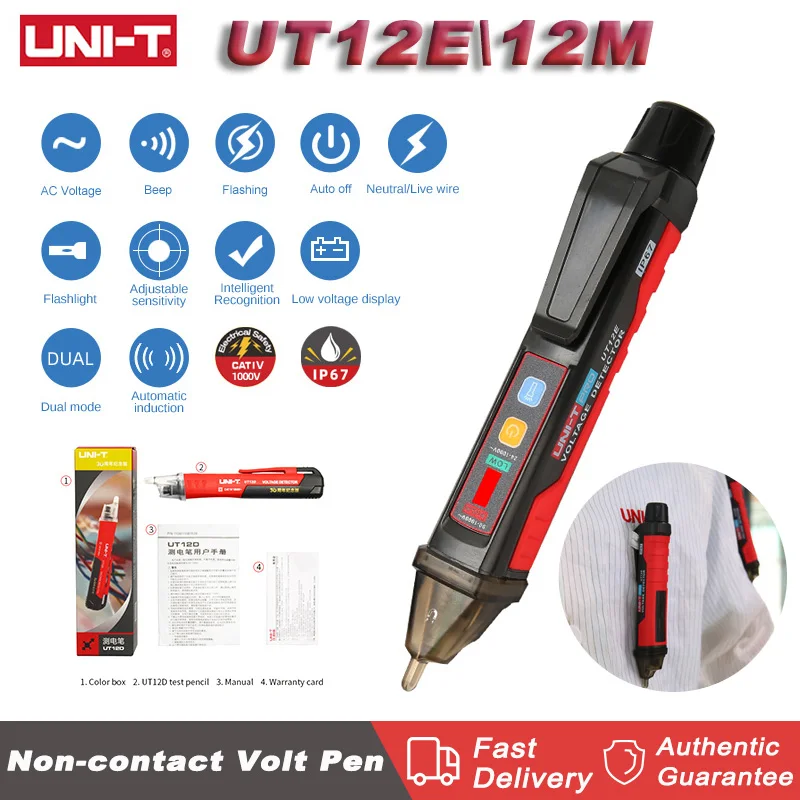 UNI-T Non-contact Volt Pen Ac Voltage Detector IP67 Tester Potlood 24V-1000V Ledflashlight Draagbare Licht sensor UT12E UT12M