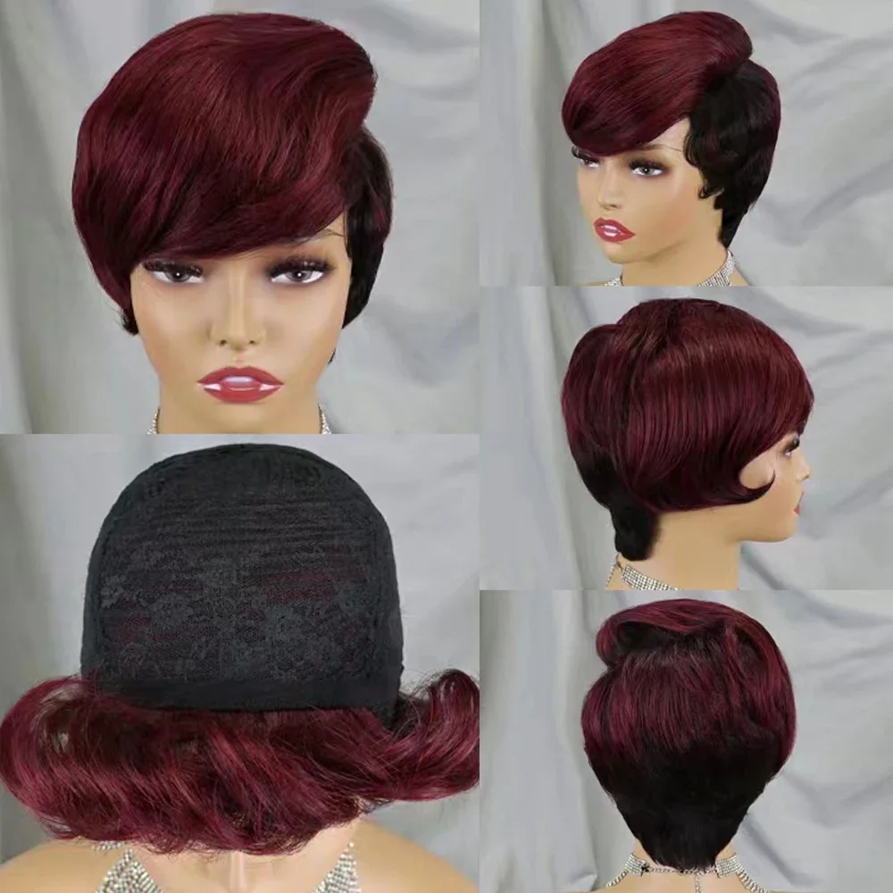 Short Human Hair Wigs Pixie Cut Straight Human Hair Wig with Bangs for Women Full Mechanism Brazilian Remy Cheap Wig 150 Density