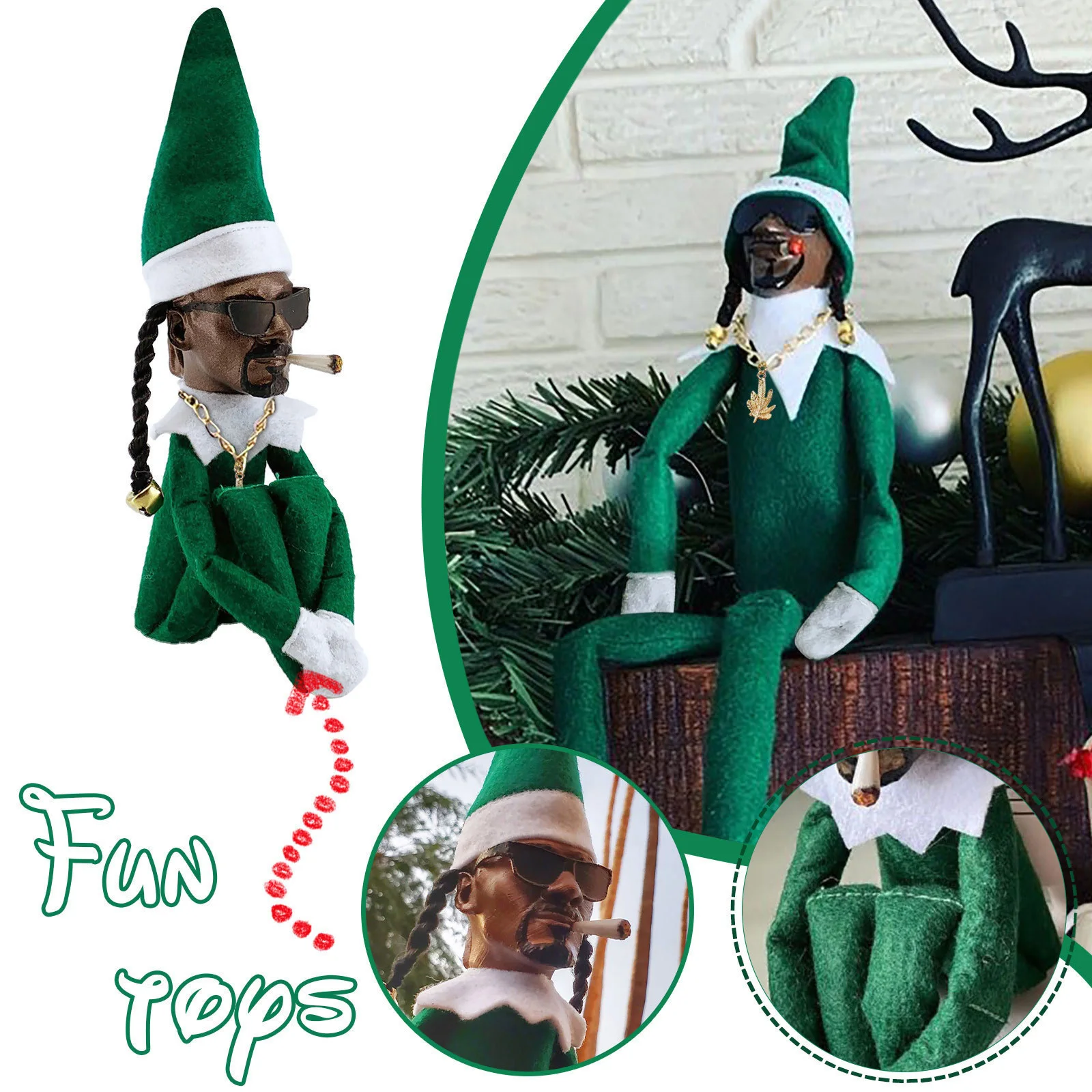 Snoop Dogg Snoop on a Stoop Christmas Elf Doll 2024 Christmas Decorations Plush Toys Including T-Shirt, Sunglasses and Necklace