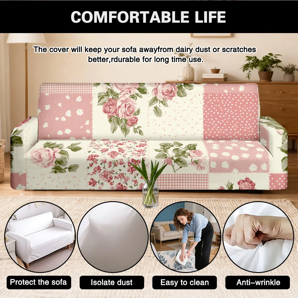 1pc Vintage Pink Rose Patchwork Print Stretch Sofa Cover, Shabby Chic Floral Couch Slipcover for Cottage Home Decor