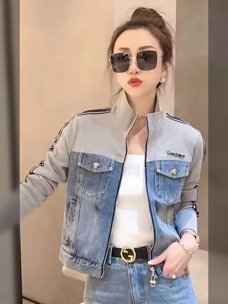 Jeans Women\'s Jacket Vintage Patchwork Lapel Striped Women Spring Thin Zipper Short Long Sleeve Tops Pockets Buttons Coats