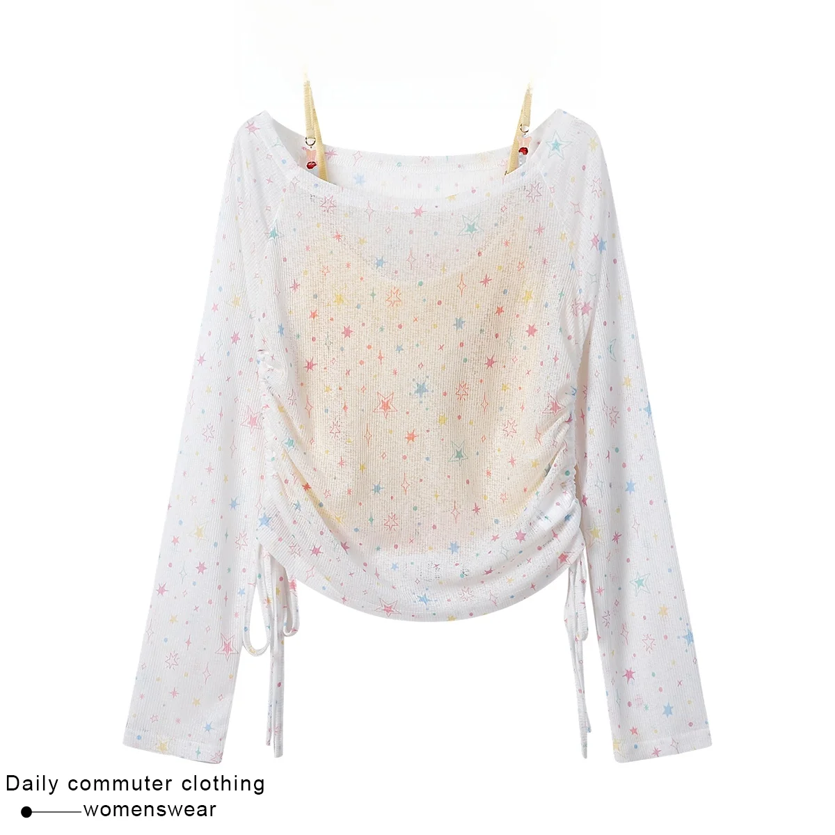 

Coshehkg Star Print One-Shoulder Gathered Cover up Women's New Summer Cute Dopaamine Beaded Strap Fashion Set Casual round Ne...