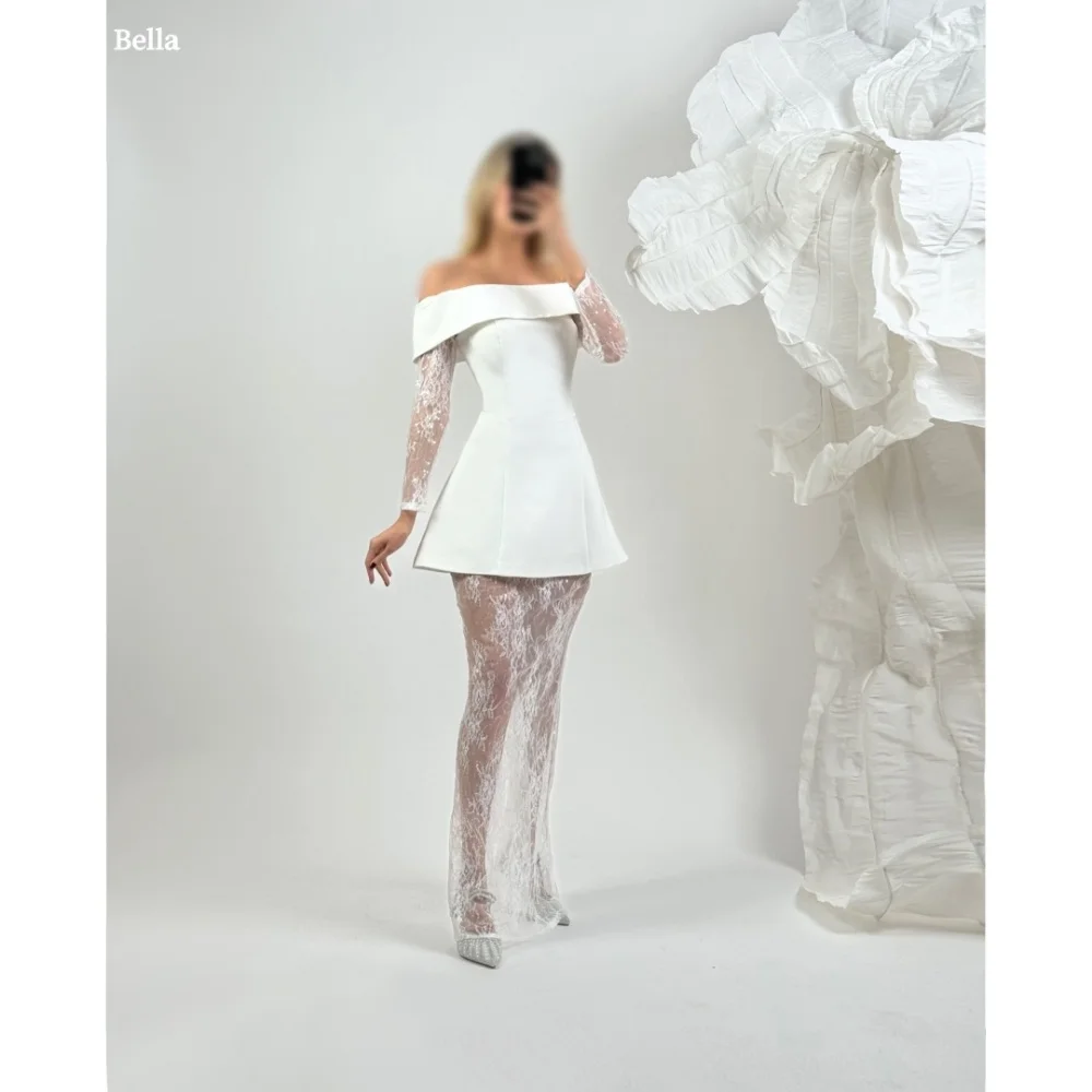 

Bella Индивидуальные кружевные платья на одно плечо с цветочной вышивкой и длинными рукавами Вечерние платья Свадебное платье длиной до колена