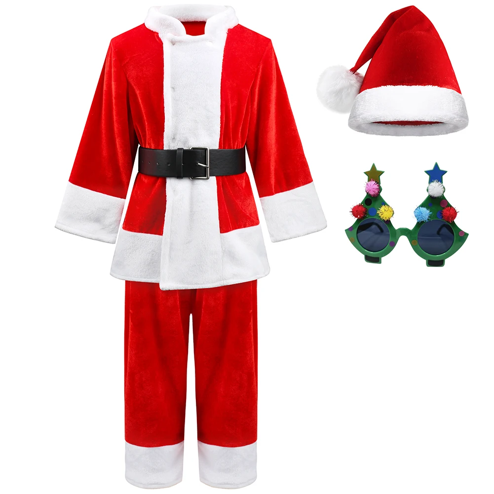 

Kids Santa Claus Costume Autumn Winter Thick Red Top+Pants+Belt+Accessories For Boys Carnival New Year Christmas Festival Outfit