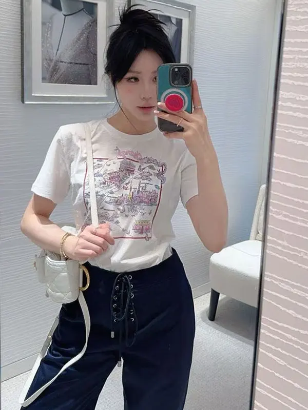 

Белая льняная хлопковая круглая футболка с цветочным принтом Ne ort Sve Женский летний топ Oyearex Simple Sle Loose Fit Sweat ng