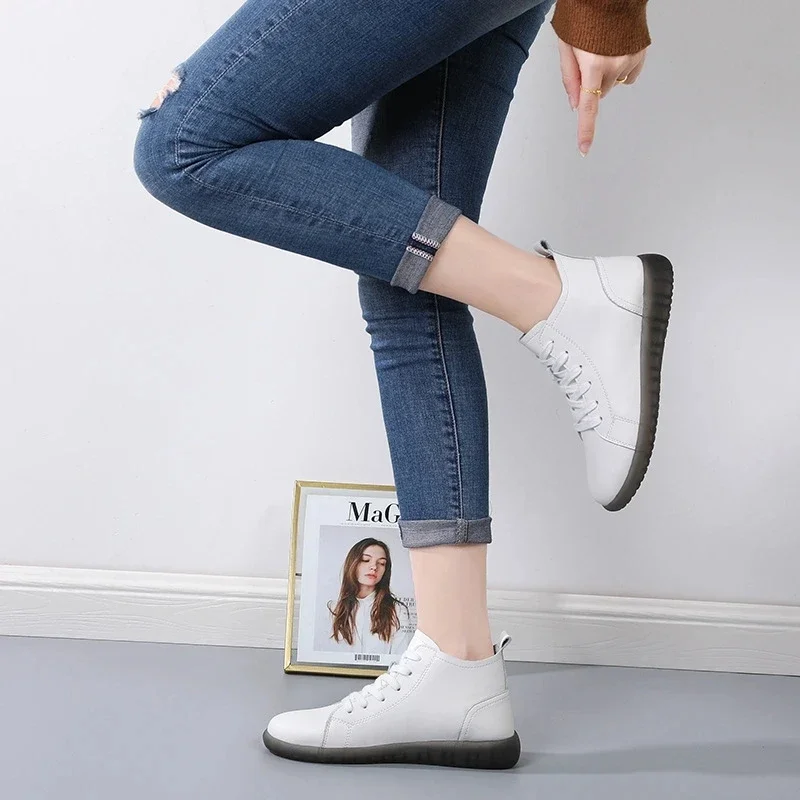 Genuine Leather Spring Women Sport Flats for Ladies Casual White Sneakers High Gang Shoes Woman Soft Bottom Cross-tied Footwear