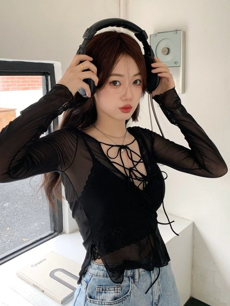 Blouses Women V-neck Hotsweet Lace-up Fashion Pure Thin Breathable Slim Cozy Leisure All-match Simple Female Korean Style Summer