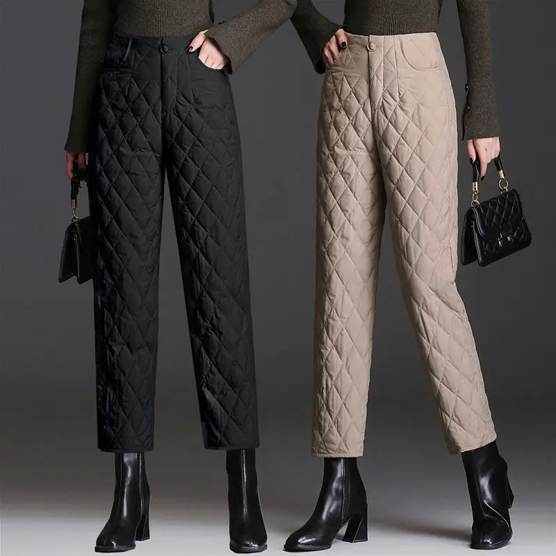 Korean Fashion Ultralight Cotton Pant Elegant Argyle Plaid Office Lady Winter Pants Women Ankle Length Thick Quilted Pantalones