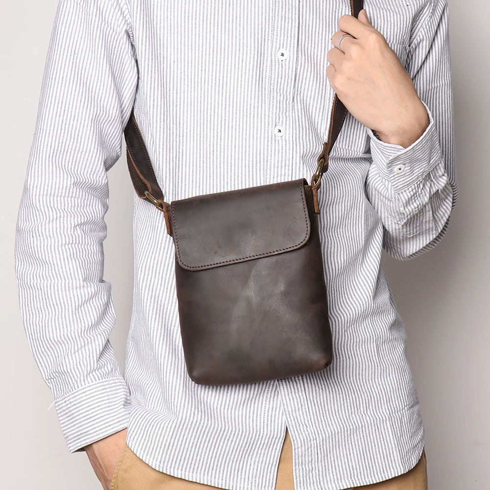 Damen Vintage Crazy Horse Leder Schultertasche, Rindsleder Handytasche, Messenger Bag, Verstellbarer Riemen, Reisetasche (Braun/Schwarz/Dunkelbraun) – Detail 12