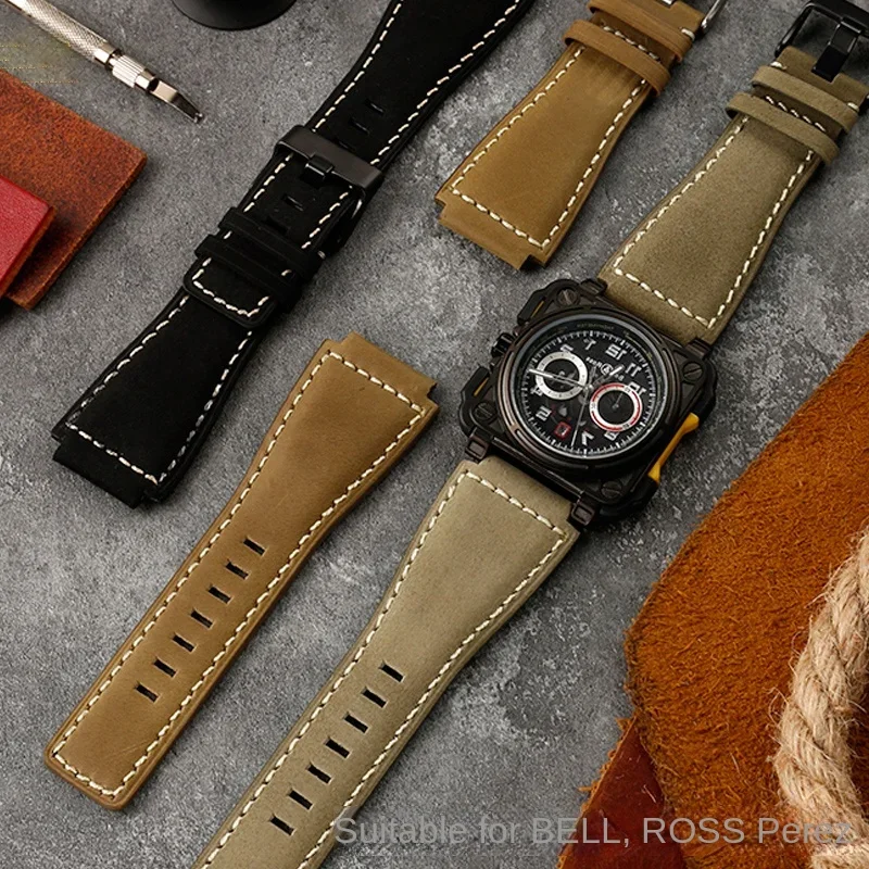 สําหรับ Bell & Ross สายนาฬิกา BR นาฬิกาผู้ชายเข็มขัด BR01 BR03 หนังสร้อยข้อมือ Bell Ross 35X24 มม. นูนอินเทอร์เฟซสําหรับชาย